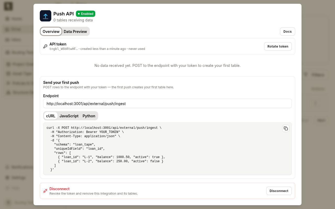The manage view before any data: token status and the how-to stay on screen