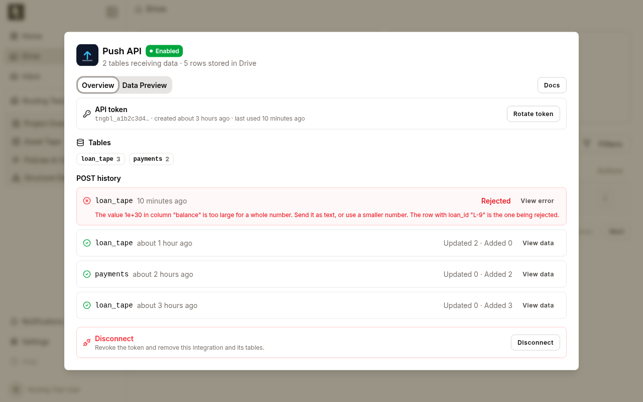 The manage view's overview: token, tables and POST history