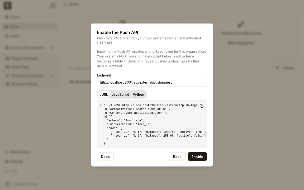 The Push API setup step with endpoint and code examples